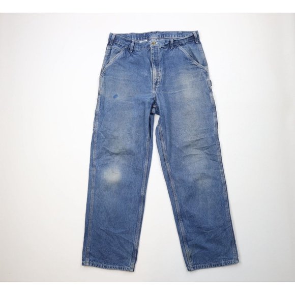 Vintage Carhartt Mens 36x32 Distressed Spell Out Wide Leg Dungaree Jeans Blue
